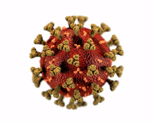 Detailed 3D rendering of a microscopic virus particle with spikes against a clean white background, perfect for science and health.