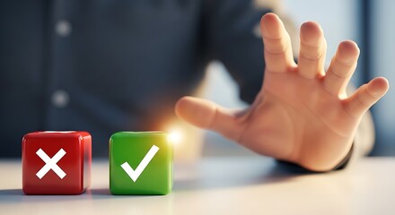 Business Person Hand Reaching Towards Correct Marked Cube in Office Environment