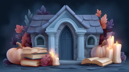 Fototapeta premium Enchanted Cottage Surrounded by Books, Candles, and Autumn Leaves