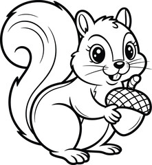 Cute squirrel holding acorn illustration, cartoon woodland animal drawing, adorable forest creature, happy squirrel art, kids coloring page design