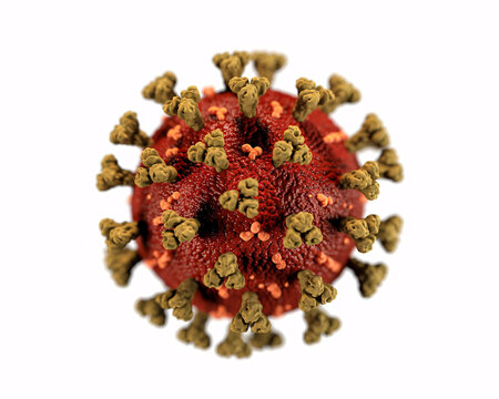 Detailed 3D rendering of a microscopic virus particle with spikes against a clean white background, perfect for science and health. - Powered by Adobe