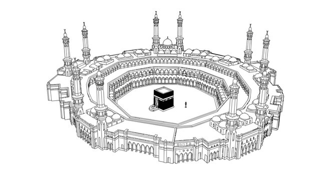 A detailed black and white architectural line drawing of the Great Mosque of Mecca, featuring the Kaaba at its center.