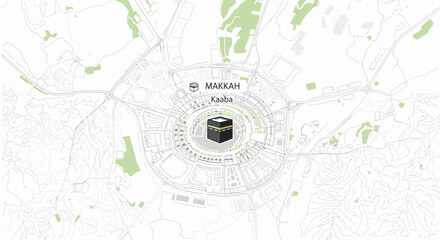 A stylized map of Mecca, Saudi Arabia, highlighting the Kaaba at the center of the Grand Mosque.