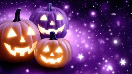 Glowing Jack-o'-lanterns in Purple Night Sky with Stars and Sparkles