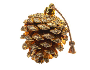  Vintage Gold Pinecone Decor with Glitter Finish and Twine Loop, Side Angle Perspective, Isolated PNG,And transparent the background.
