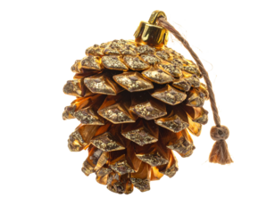  Vintage Gold Pinecone Decor with Glitter Finish and Twine Loop, Side Angle Perspective, Isolated PNG,And transparent the background.