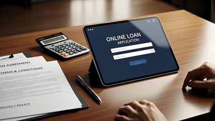 Close Up of Digital Tablet Displaying Online Loan Application Beside Calculator Financial Reports and Silver Pen on a Wood Table - Powered by Adobe