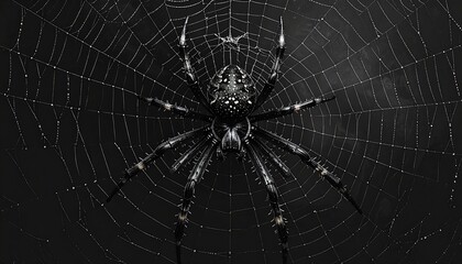 Obraz premium A black arachnid perched in the middle of a web, with detail in a dark, moody environment