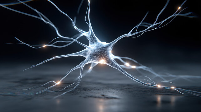 Intricate Neuron Structure with Glowing Synapses in Dark Environment
