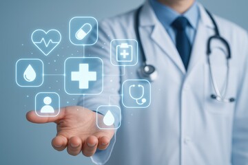 Medical Professional Holding Virtual Health Icons with Symbols of Care, Medicine, and Wellness in Modern Setting