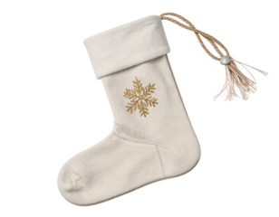  Modern Scandinavian Christmas Stocking in Beige and Gold with Minimal Snowflake Symbol, Flat Lay, Isolated PNG.And transparent the background.