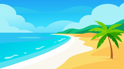 Tropical beach scene with palm tree and rolling hills