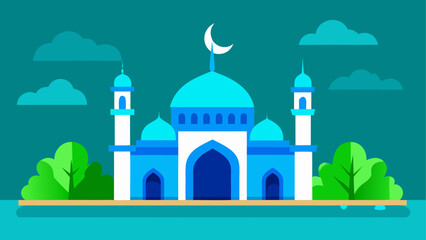 Stylized blue mosque with crescent moon and clouds