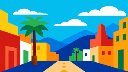 Vibrant geometric cityscape with palm trees and mountains