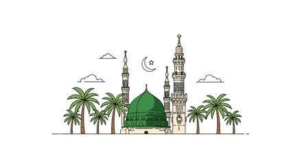 Illustration of the Prophet's Mosque in Medina with palm trees and a crescent moon.