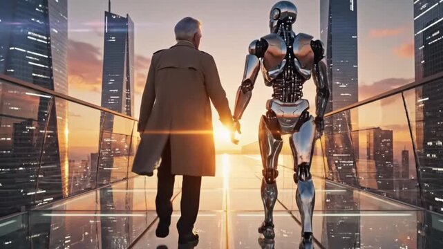Cinematic shot of a man walking hand in hand with a humanoid robot in a futuristic cityscape during sunset.