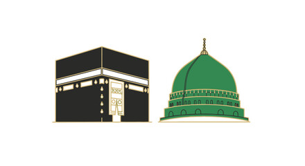 An illustration depicting the Kaaba and the Green Dome, symbols of Islam.