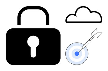 Padlock securing cloud and accurate arrow hitting a target visualize cybersecurity, data privacy, precise strategy, goal achievement, cloud protection, risk management, simple flat metaphor