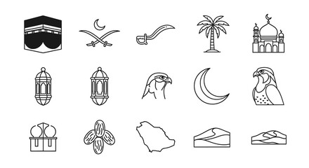 Saudi Arabia symbols: Kaaba, swords, palm tree, mosque, falcon, moon, dates, map, desert.