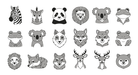 Fototapeta premium Funny cartoon vector collection of baby animal head icons featuring a pig, panda, tiger, and fox character art set for pet lovers