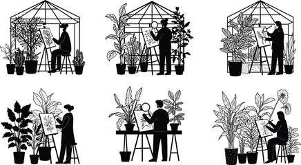 Artists sketching plants in greenhouses, botanical illustrators creating nature drawings, people studying flora indoors surrounded by lush potted greenery