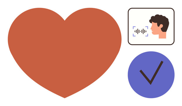 Heart symbol, profile with voicewave recognition, and checkmark in a circle. Ideal for health, technology, voice recognition, care, love trust digital approval. Simple flat metaphor