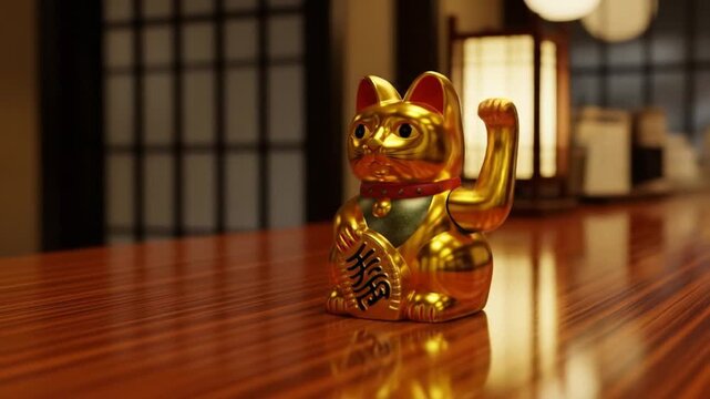 Golden Maneki Neko Lucky Cat Figurine on Wooden Counter