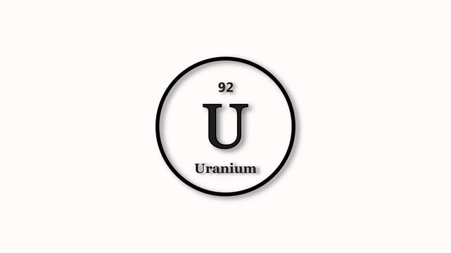 Uranium element icon animation. Atomic number 92, short symbol U, on white background 4k video.