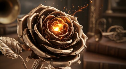 Steampunk Rose with Gears and Glowing Center