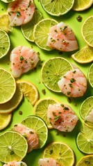 Ceviche Tico (citrus-marinated fish) on a lime green background, dish from Costa Rica, minimalist food photo, template for social media, digital ads, web banners, mobile wallpapers, greeting cards