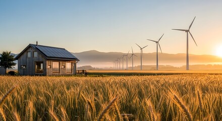 House in Field with Windmills at Sunset