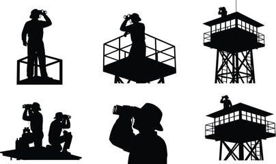 Silhouette of forest rangers and lookout observers using binoculars on observation towers, searching horizon for fire or wildlife, safety patrol concept