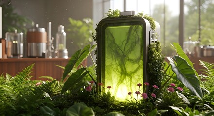 Green Energy Storage Surrounded by Foliage