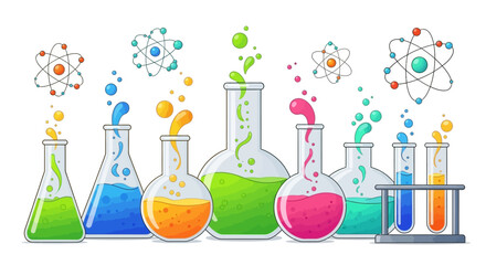 Vibrant scientific laboratory setup with colorful liquids and atoms, showcasing experiments