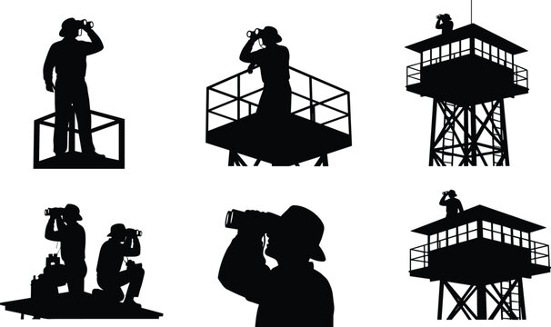 Silhouette of forest rangers and lookout observers using binoculars on observation towers, searching horizon for fire or wildlife, safety patrol concept - Powered by Adobe