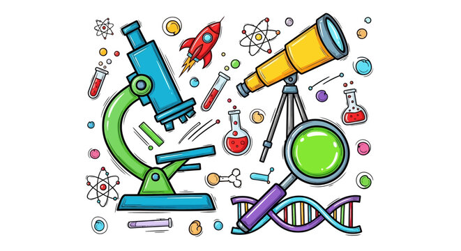 Colorful scientific exploration and discovery background features various lab equipment and