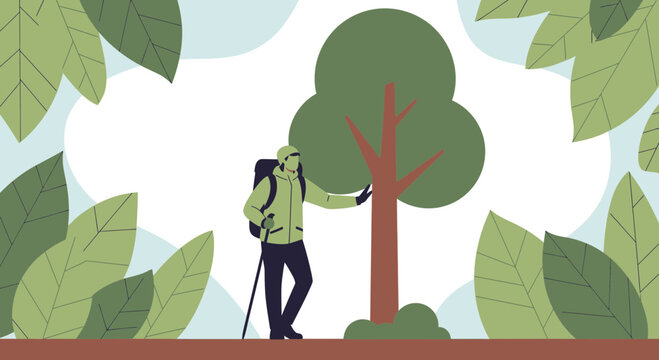 Adventurer Standing Next To Tree In Nature, Hiking Through The Forest Illustration