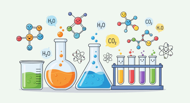 Whimsical chemistry lab with cute molecules and colorful liquids for educational science material