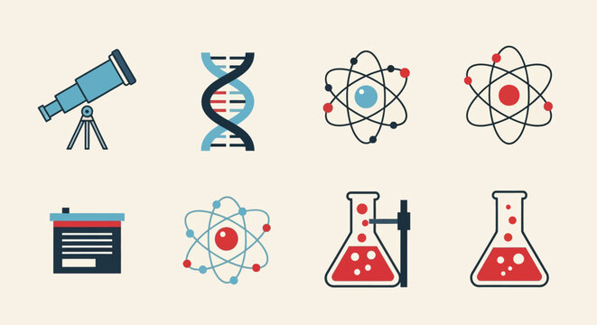 Whimsical science icons illustration capturing scientific discovery and exploration