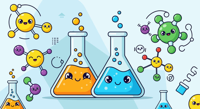 Adorable scientific illustration showcasing beakers with smiling faces and molecule characters