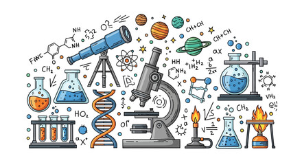 Scientific Exploration: A whimsical hand-drawn illustration of tools and elements