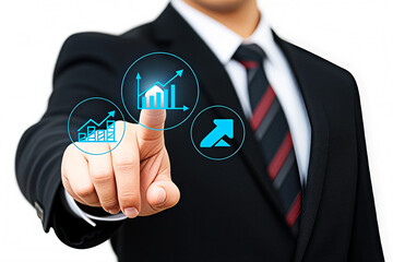 Businessman touching futuristic digital interface with financial growth charts and data analytics