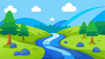 Fototapeta premium Cartoon landscape with a winding river and green hills