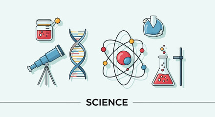 Science illustration featuring laboratory equipment and scientific symbols for educational purposes