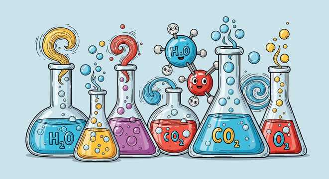 Whimsical chemical laboratory illustration featuring colorful beakers and playful molecular