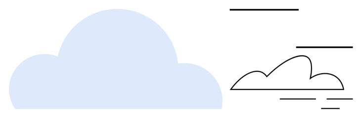Large blue cloud and outlined smaller cloud with clean dynamic lines evoke lightness, weather, and motion. Ideal for nature, weather forecasting, cloud computing, environment, simplicity, abstract
