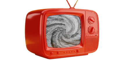 Red retro television with static glitch screen isolated on transparent background