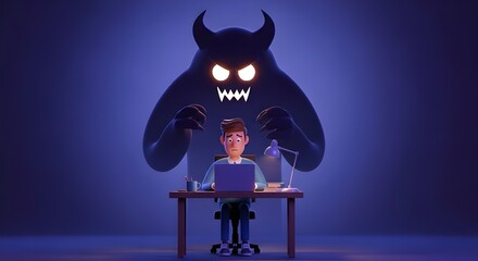 Digital Danger - Stressed Man Working on Laptop with Ominous Monster Shadow, Cyber Security and Work Pressure Concept