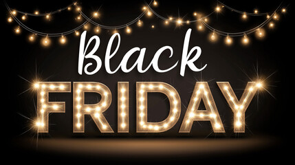 Black Friday logo with glowing golden lights around the text against an elegant and warm Christmas atmosphere.