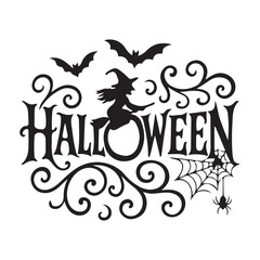Halloween horizontal banner with vector logo. The inscription with ominous tree branches, bats and a pretty witch on a background of the full moon.